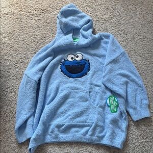 Cookie Monster Sesame Street Light Blue Plush Hoodie with Green Logo Tag